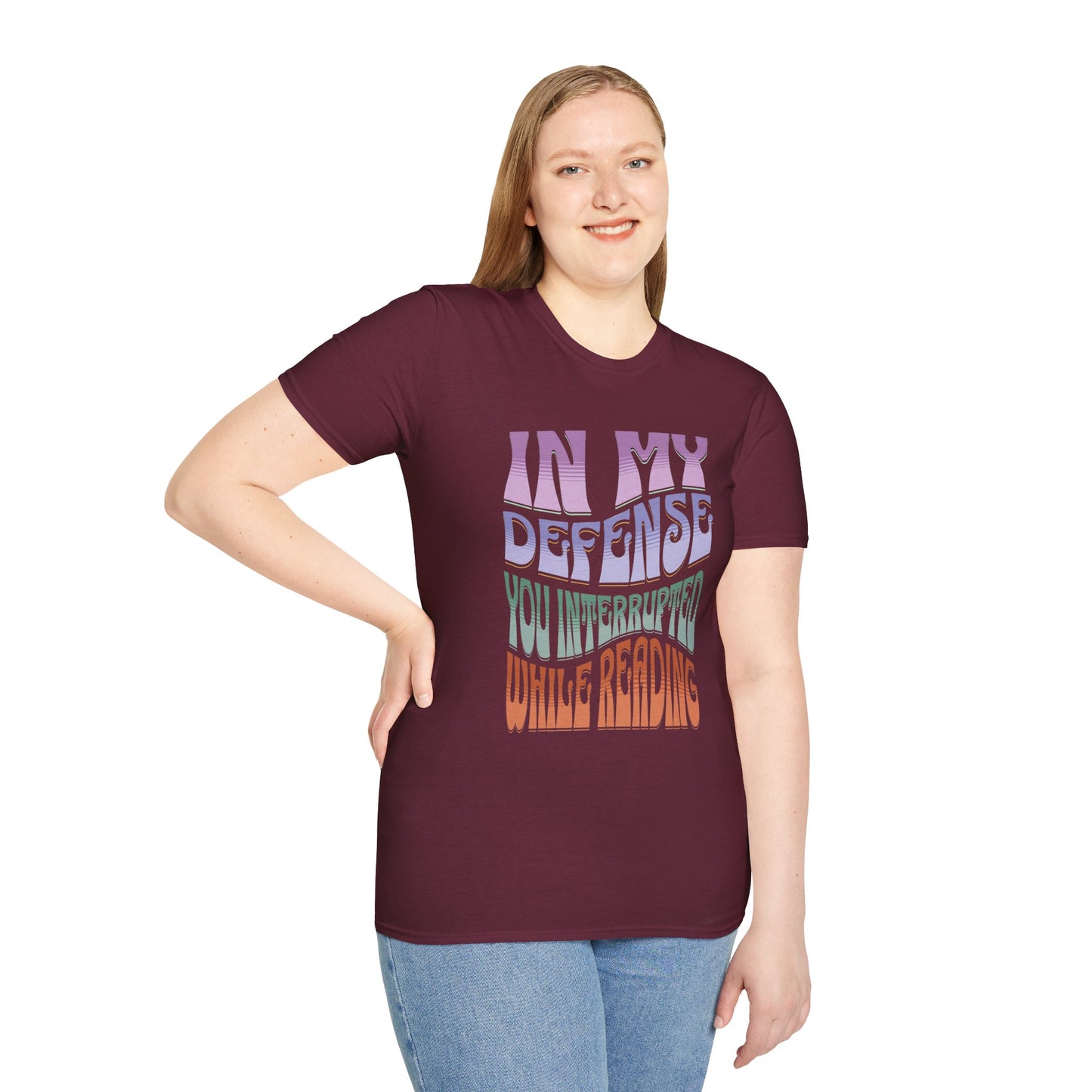 Funny Reader's Unisex Softstyle T-Shirt - 'In My Defense You Interrupted While Reading'