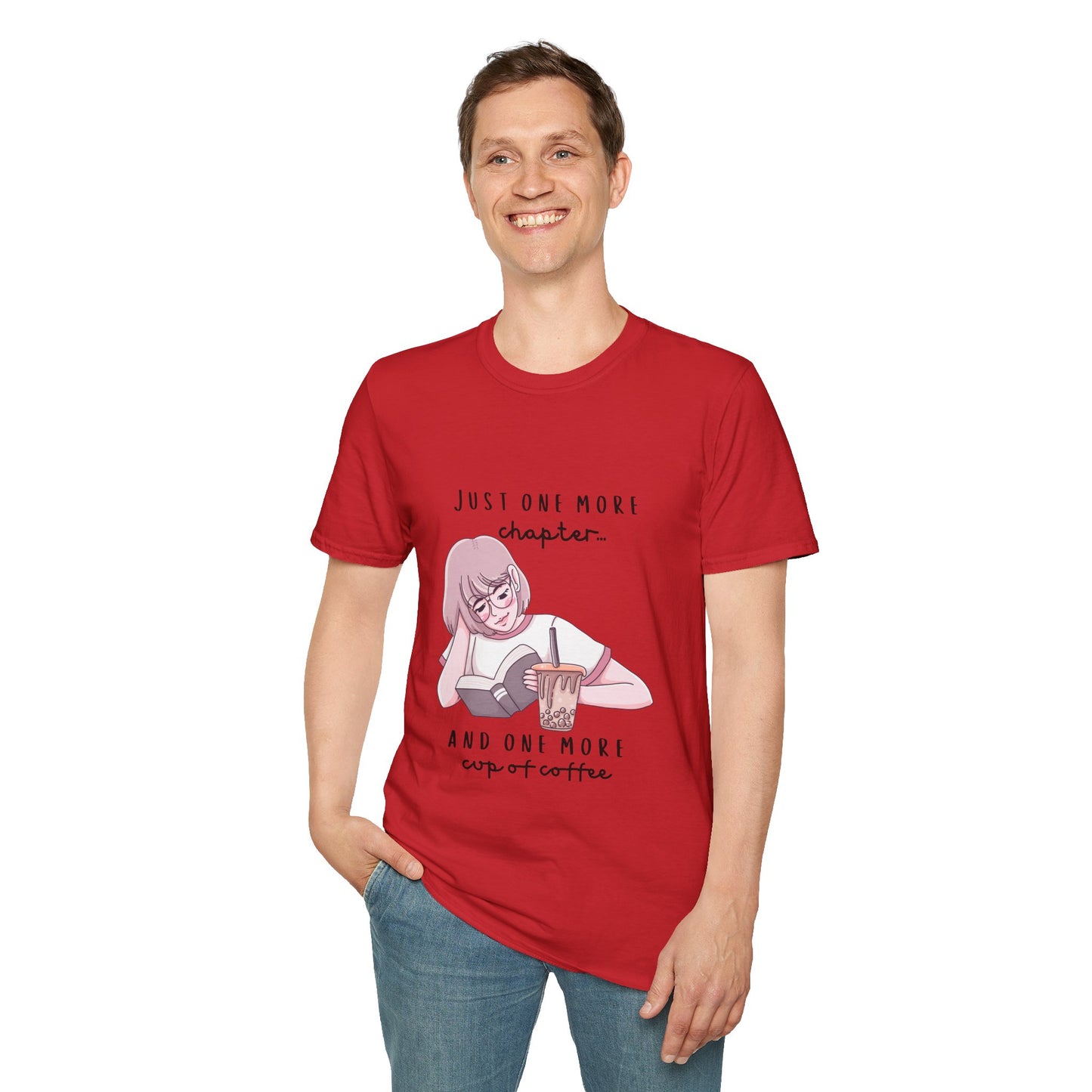 Book Lover's Unisex Softstyle T-Shirt - "Just One More Chapter" Design