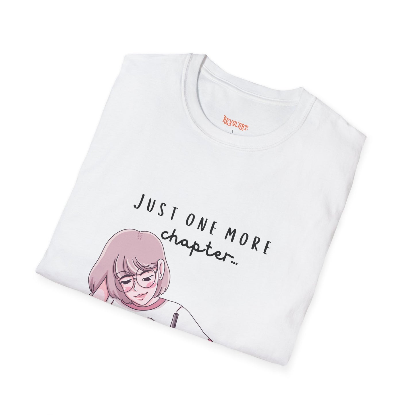 Book Lover's Unisex Softstyle T-Shirt - "Just One More Chapter" Design