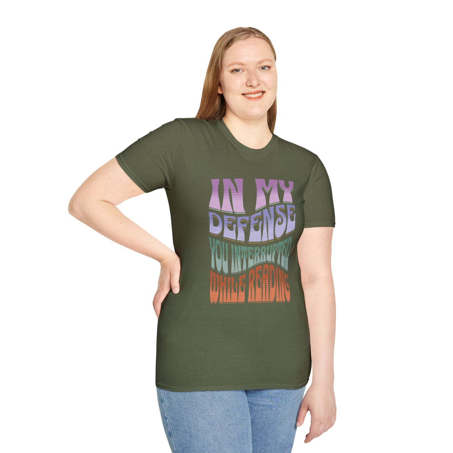 Funny Reader's Unisex Softstyle T-Shirt - 'In My Defense You Interrupted While Reading'