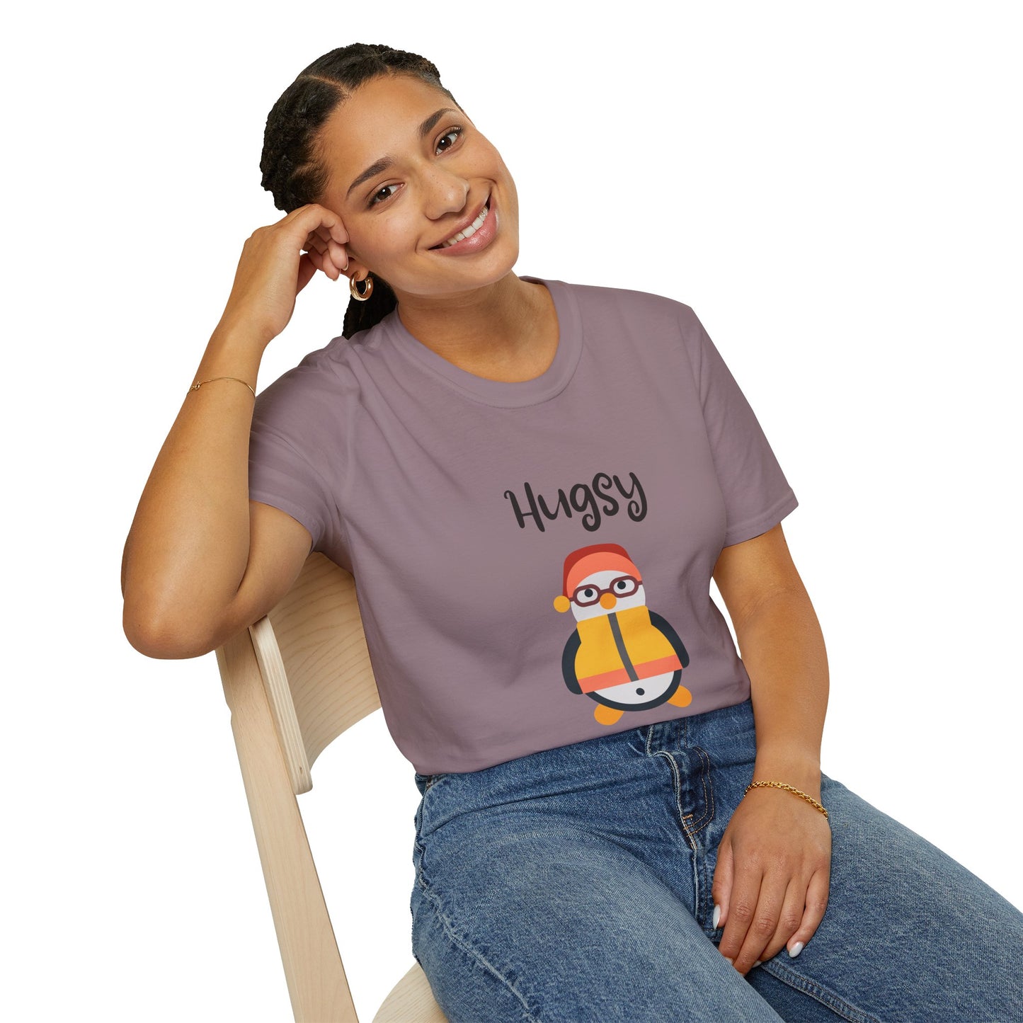 Cute HUGSY Graphic Unisex Softstyle T-Shirt, Holiday Gift, Casual Wear, Cute T-Shirt, Fun Apparel, Christmas Shirt for Friends Lovers